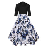 1950S Black and Blue Floral Print Patchwork Half Sleeve Vintage Dress