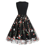 1950S Black Floral Embroidered Sleeveless Vintage Dress