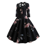 1950S Black Floral Print Bow Tie Neck Belted 3/4 Sleeve Vintage Dress