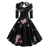 1950S Black Floral Print Bow Tie Neck Belted 3/4 Sleeve Vintage Dress