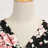 1950S Black Floral Retro V-Neck Belted Short Sleeve Vintage Dress