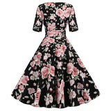1950S Black Floral Retro V-Neck Belted Short Sleeve Vintage Dress