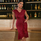 1950S Burgundy Lace Asymmetrical Hem Short Sleeve Vintage Dress