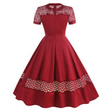1950S Burgundy Retro Lace Insert Short Sleeve Vintage Dress