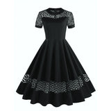 1950S Burgundy Retro Lace Insert Short Sleeve Vintage Dress