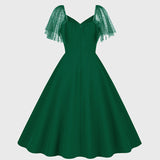 1950S Emerald Green Retro Lace Sleeve V-Neck Vintage Dress