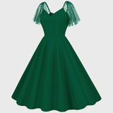 1950S Emerald Green Retro Lace Sleeve V-Neck Vintage Dress