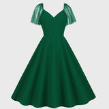 1950S Emerald Green Retro Lace Sleeve V-Neck Vintage Dress