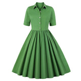 1950S Green Retro Button-Up Short Sleeve Vintage Dress