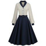 1950S Navy Blue and White Belted Long Sleeve Vintage Dress