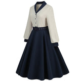 1950S Navy Blue and White Belted Long Sleeve Vintage Dress