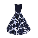 1950S Navy Blue Floral Print Sleeveless Vintage Dress