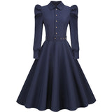 1950S Navy Blue Long Sleeve Belted Shirt Collar Vintage Dress