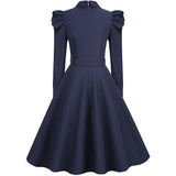 1950S Navy Blue Long Sleeve Belted Shirt Collar Vintage Dress