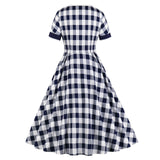 1950S Navy Blue Retro Plaid Patchwork Short Sleeve Vintage Dress