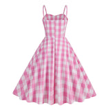 1950S Pink Retro Gingham Halter Belted Sleeveless Vintage Dress