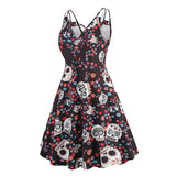 1950S Red and Black Floral Print Strappy Vintage Dress