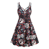 1950S Red and Black Floral Print Strappy Vintage Dress