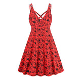 1950S Red and Black Floral Print Strappy Vintage Dress
