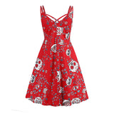 1950S Red and Black Floral Print Strappy Vintage Dress