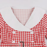 1950S Red and White Gingham Check  Short Sleeve Vintage Dress with White Collar