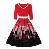 1950S Red London Print Belted 3/4 Sleeve Vintage Dress