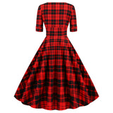 1950S Red Plaid V-Neck Belted Short Sleeve Vintage Dress