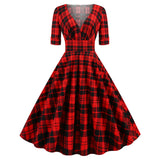 1950S Red Plaid V-Neck Belted Short Sleeve Vintage Dress