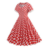 1950S Red Retro Checkered Patchwork Belted Short Sleeve Vintage Dress