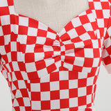 1950S Red Retro Checkered Patchwork Belted Short Sleeve Vintage Dress