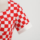 1950S Red Retro Checkered Patchwork Belted Short Sleeve Vintage Dress