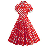 1950S Red Retro Polka Dot Patchwork Belted Short Sleeve Vintage Dress