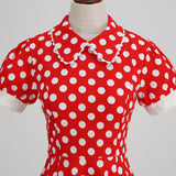 1950S Red Retro Polka Dot Patchwork Belted Short Sleeve Vintage Dress