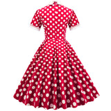 1950S Red Retro Polka Dot Patchwork Belted Short Sleeve Vintage Dress