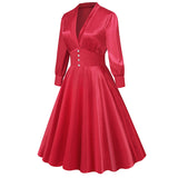 1950S Red Satin Buttoned Belted Long Sleeve Vintage Dress