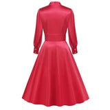 1950S Red Satin Buttoned Belted Long Sleeve Vintage Dress