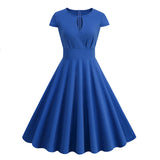 1950S Royal Blue Keyhole Neckline Short Sleeve Vintage Swing Dress