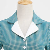 1950S Teal Retro Checkered Belted Short Sleeve Vintage Dress