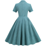 1950S Teal Retro Checkered Belted Short Sleeve Vintage Dress