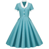 1950S Turquoise Checkered Collared Short Sleeve Vintage Dress