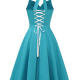 1950S Turquoise Halter Neck Button Detail Vintage Dress