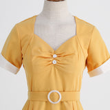 1950S Yellow Bowknot Belted Short Sleeve Vintage Dress