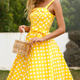 1950S Yellow Polka Dot Spaghetti Strap Belted Vintage Dress