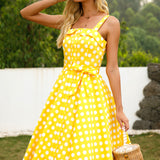 1950S Yellow Polka Dot Spaghetti Strap Belted Vintage Dress