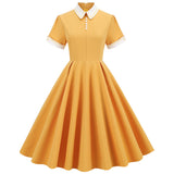 1950S Yellow Retro Patchwork Belted Short Sleeve Vintage Dress