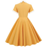 1950S Yellow Retro Patchwork Belted Short Sleeve Vintage Dress