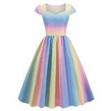 1950S Rainbow Striped Cap Sleeve Sweetheart Neckline Vintage Swing Dress