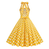 1950S Yellow Retro Polka Dot Halter Neck Vintage Dress