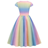 1950S Rainbow Striped Cap Sleeve Sweetheart Neckline Vintage Swing Dress