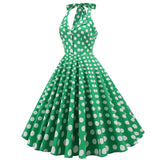 1950S Green Retro Polka Dot Halter Belted Sleeveless Vintage Dress